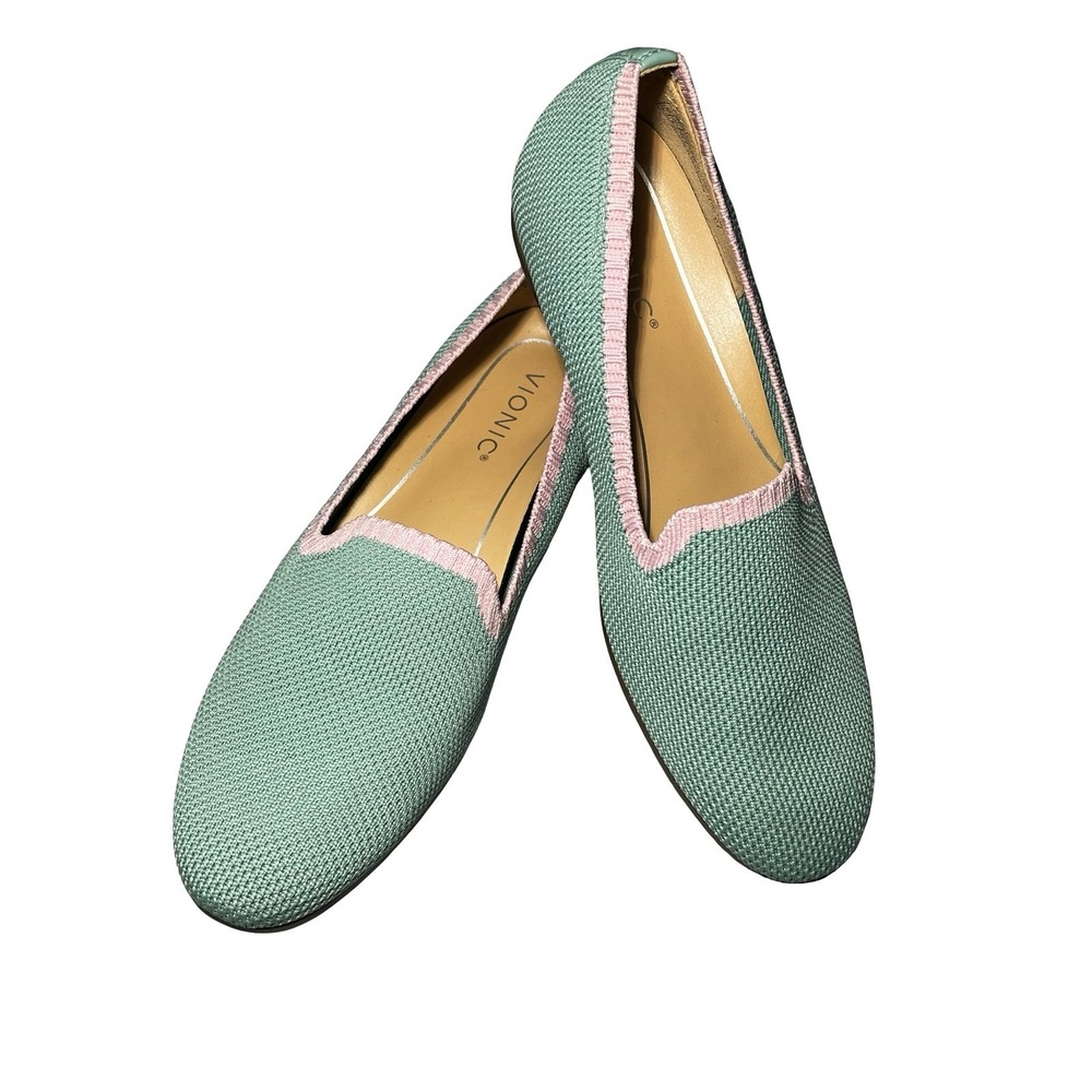 Vionic Womens Willa Knit Loafers Frosty Spruce Green Pink Trim Flats Shoes